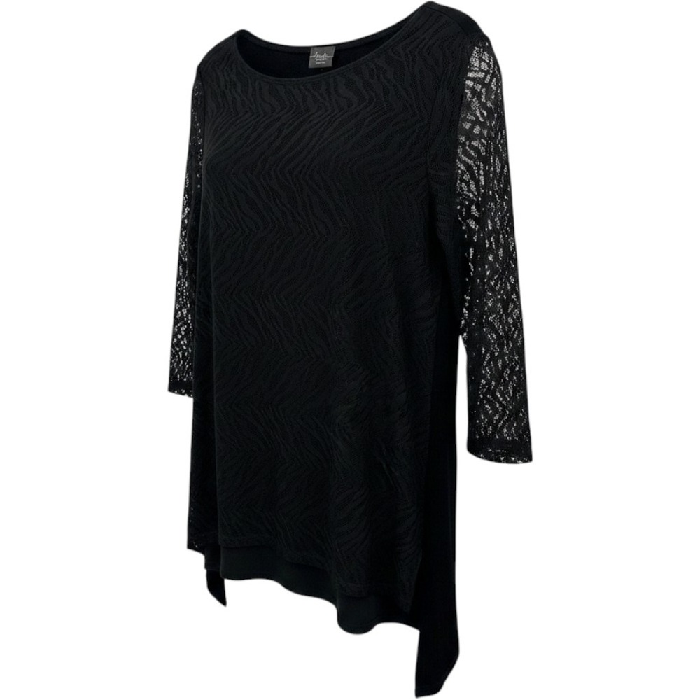 Chicos Travelers Collection Black Lace Tunic Top 3/4 Sleeve Chevron Textured M